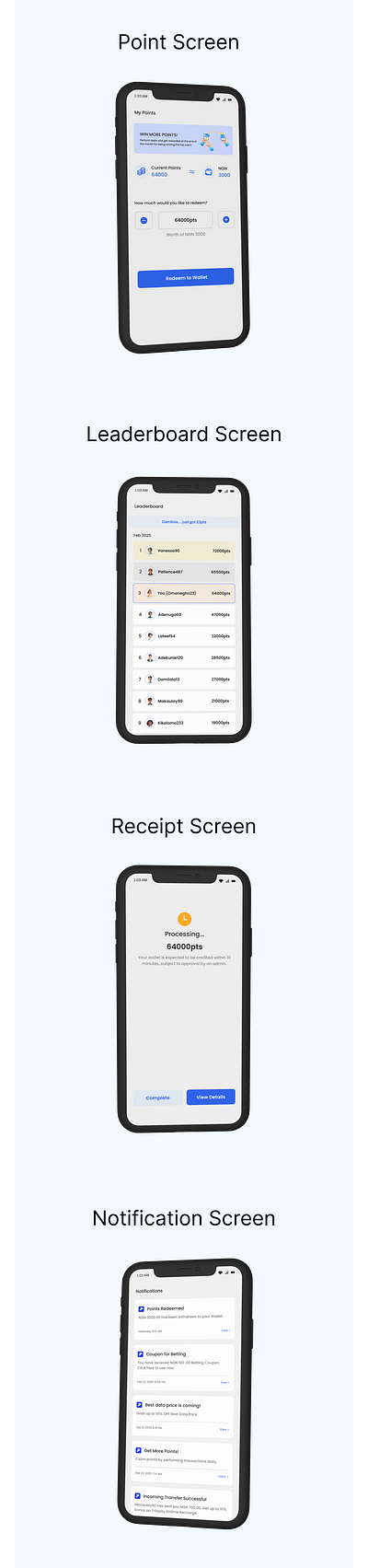 Fintech Reward App figma fntech app leaderboard design leaderboard screen minimalist design mobile app mobile screen notification screen point conversion receipt scree redeem point screen ui design uiux