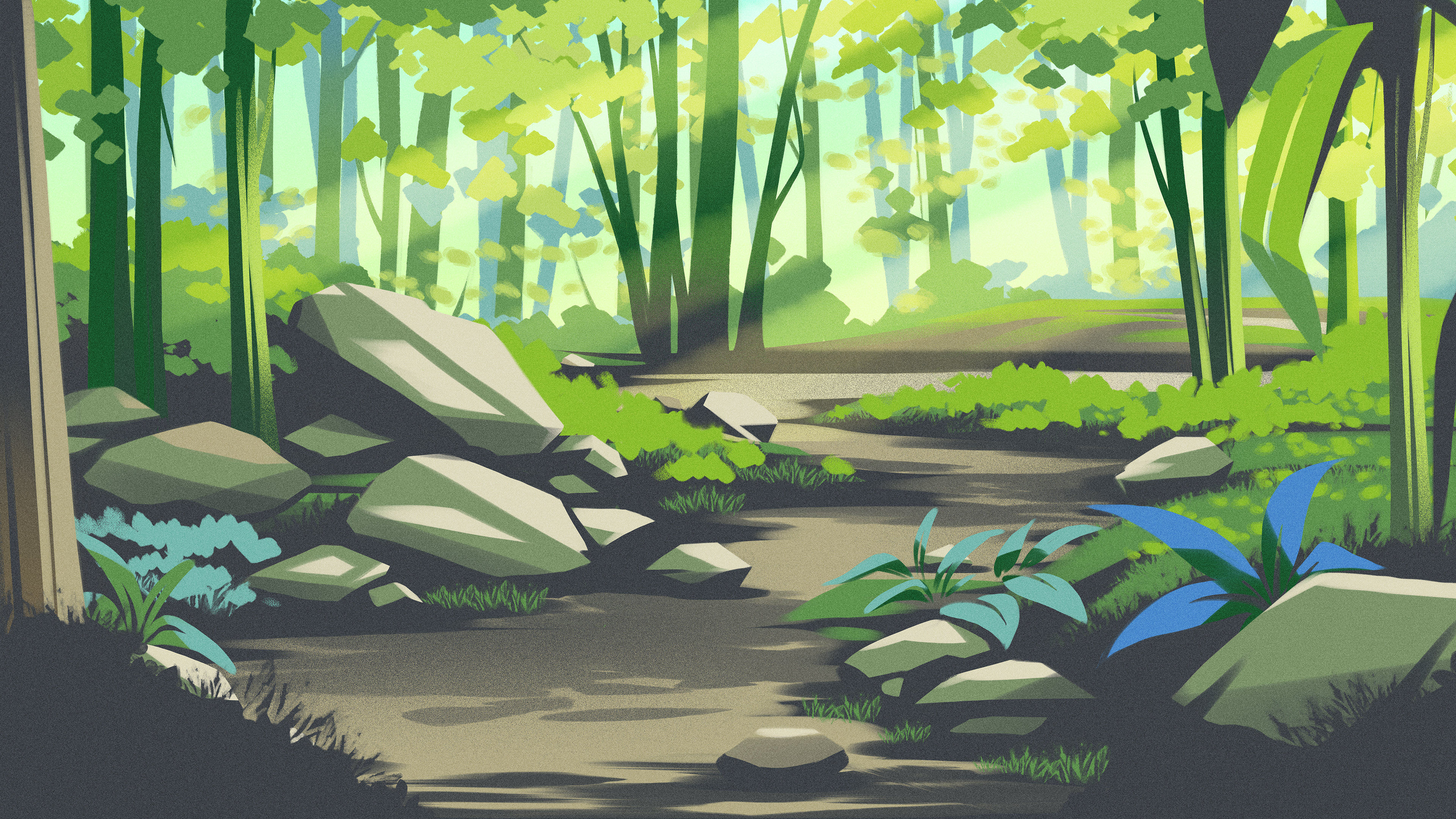 Forest path in Indoonesia colorful ecosystem forest grass green illustration indonesia landscape midstream nature pathway stone sunbeam texture trees vegetation wood