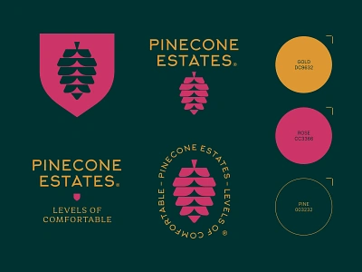 Pinecone Estates brand estate estates forest gold green identity logo modern pine pinecone property real real estates retro shield symbol system tree wood