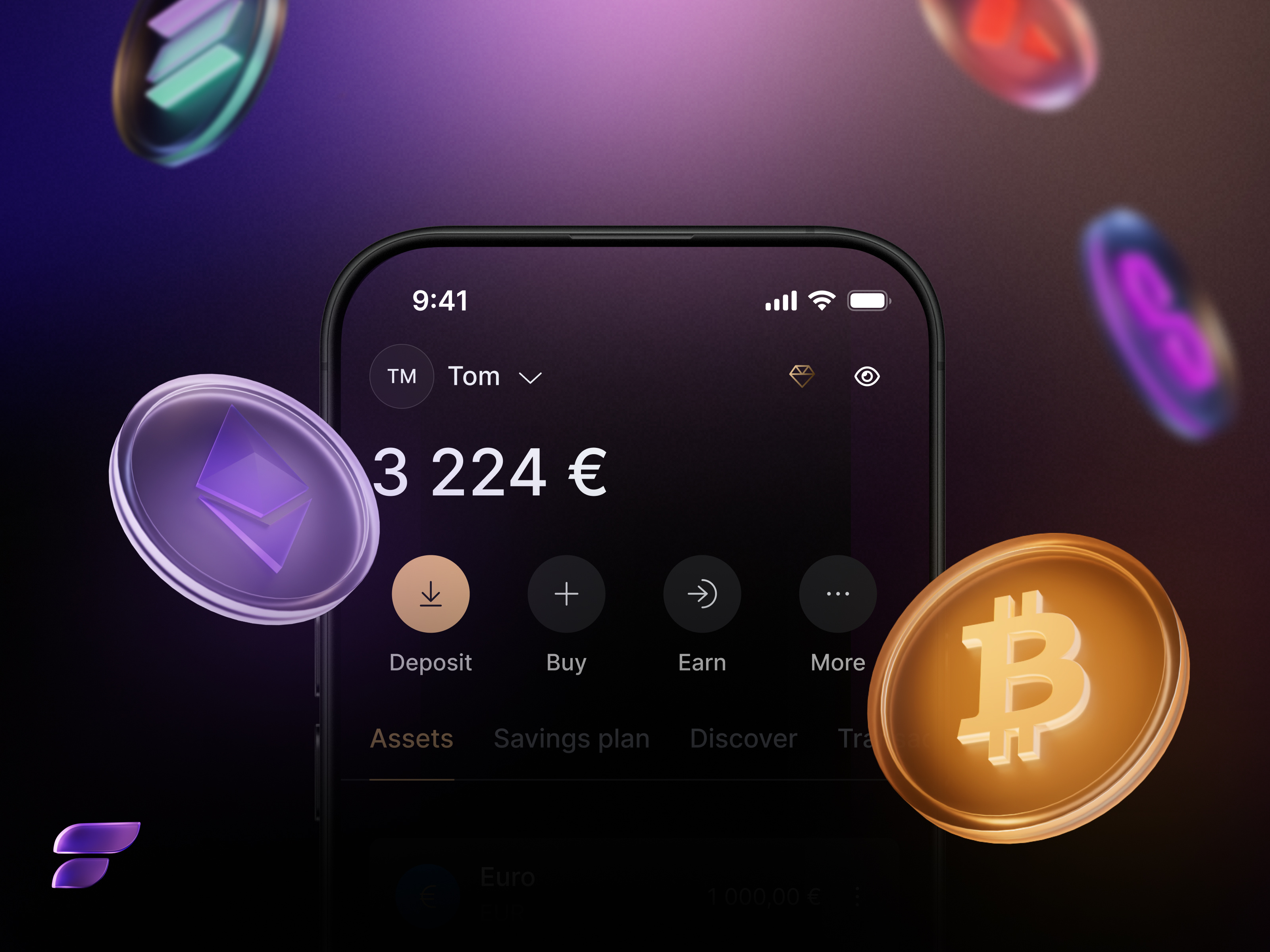 Finary - Real crypto trading app 3d balance branding card crypto finance financial finary gradient graphic design logo money motion graphics ui