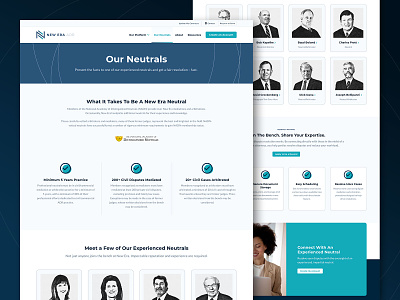 New Era ADR - Our Neutrals page blue cards clean columns headshots icon layered navy people professional rings sections simple sophisticated teal texture ui design website white