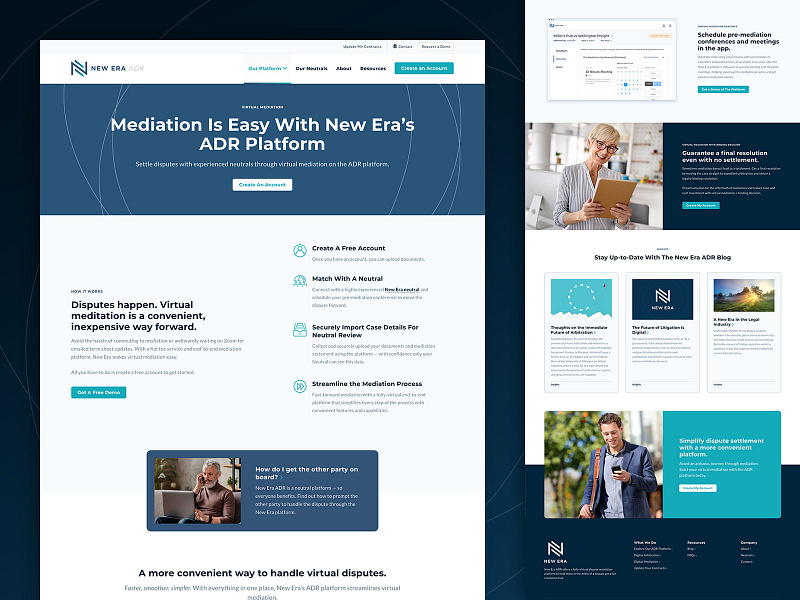 New Era ADR - Virtual Mediation page blue card clean device icons modern modular navy people platform professional resource rings simple sophisticated teal technology texture ui ux
