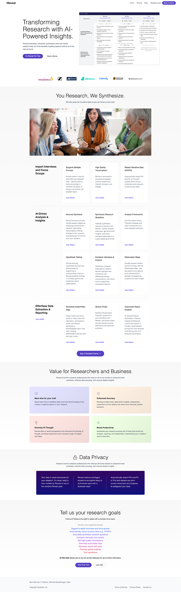 Reveal Homepage (doreveal.com) ai landing page user research