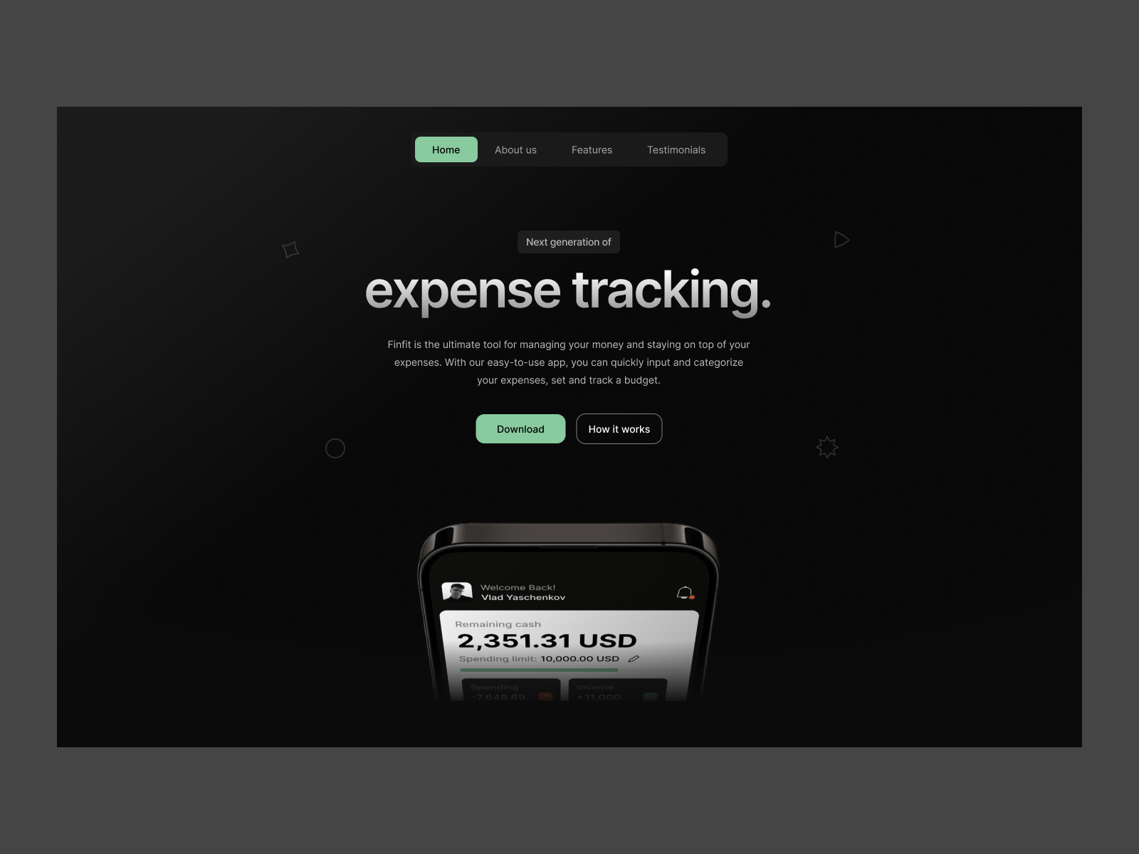 Example of Finfit / Expense Tracker: Landing Page