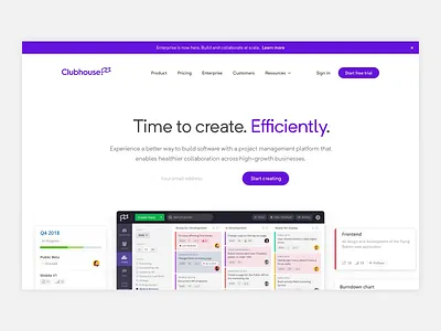 Clubhouse - Homepage desktop flag gatsby kanban lightweight marketing saas tech