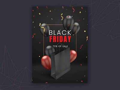 Black Friday, Poster 01 3d animation balloons black black friday branding confetti design e commerce ecommerce frame friday gold graphic promote sale shopping shopping bag vector video