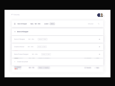 Futurely – list interactions animation app desktop hr job minimal offer ui web