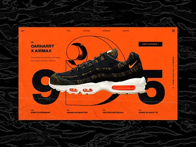 Carharrt X Airmax 95 3d abstract art direction branding c4d carharrt cinema 4d fashion glitch interaction logo nike render sneakers trainers typography ui ux web design website