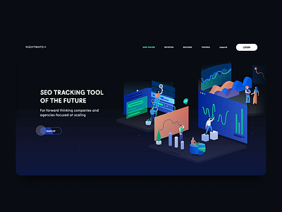 Seo Tracking Tool Landing Page Design animation branding dark design gradient homepage icon illustration interaction isometric landing loop night page seo ui ux vector web website
