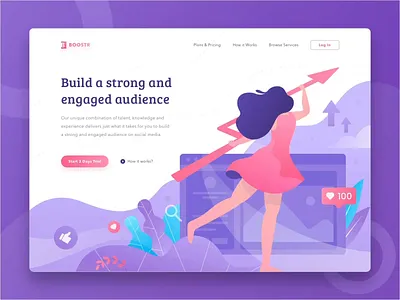 Boostr Landing Page Animation animation autoanimate flat girl header illustration homepage illustration interaction design landing page pink purple ui uiux web website