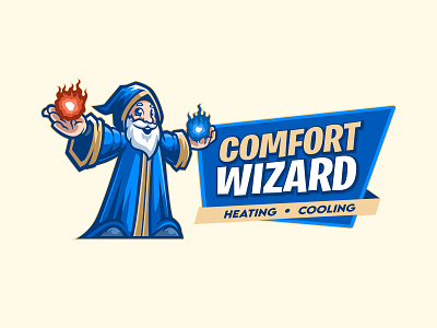 COMFORT WIZARD bold branding cooling fun gaming logo heating hvac illustration logo mockup sportslogo vector wizard