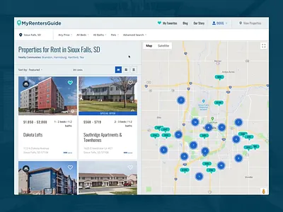 My Renters Guide - Favorites & Saved Searches blue card cards favorite favorites green profile property property search real estate saved search ui user interface ux web design website