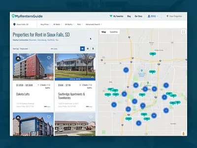 My Renters Guide - Search Results Toggle blue card cards filter filtering filters google maps green interface map property property search real estate search search results ui user interface ux web design website