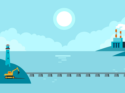 Excavator animation design excavator illustration lighthouse online port promo sea sun vector web