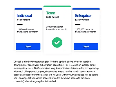 LanguageBot / subscription plan selection app bot design landing page sign up form sign up page subscription subscriptions ui user interface ux website
