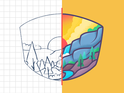 Waterfall from sketch to finish adventure design icon illustration illustration process minimal nature process video sketch vector waterfall waterfall illustration