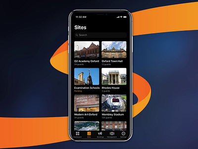 Shifte | Company Sites List animation dark theme design icons ios list ui mobile app orange principle scroll security app uidesign ux ui design