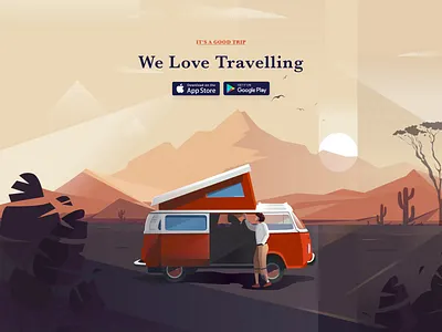 Travel App Homepage afterglow clean illustration mountain nature sunrise travel travel app traveller ui van vr