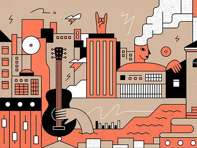 La Bestia banner character city drawing guitar hand illustration label music record rock vector