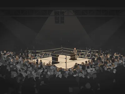 Fight night 1940s argument boxing character courtroom crowd design illustration lawyer