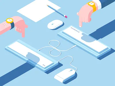 Never ending dance after effects agency character client comments desk gif hand in hand illustration isometric keyboard motion graphics panicstudio process