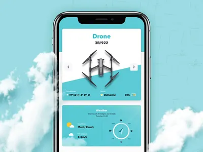 Drone Delivery Tracking – iPhone App animation app battery cards drone dropdown dropshadow filter flights gps iphone navigation position route ui ux weather