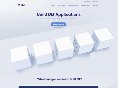 Website for a Blockchain Startup | Daml 3d blockchain cubes distributed ledger homepage particules