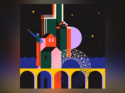 B 36daysoftype 36daysoftype b building blocks buildings character character design geometric geometry minimal moon night sky shooting star stars train