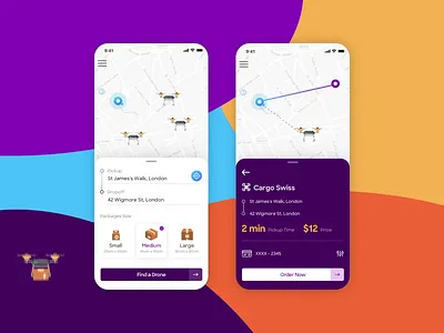 Drone Delivery App app cargo courier delivery design drone future illustration ios map mobile package parcel service tracking uber ui
