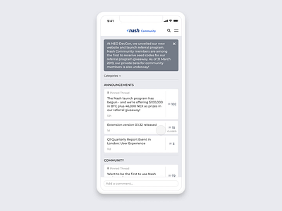 Nash Community Native Mobile Application animation blockchain comments conversation crypto cryptocurrency design dex forum like love mockup motion nash nash exchange post product design reply ux design visual design