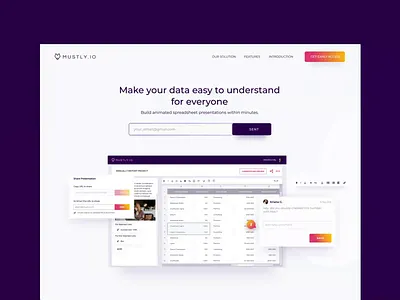 Mustly Dark animation banner bold builder data design gallery homepage illustration index interface landing light picture presentation sharing spreadsheets table ui website