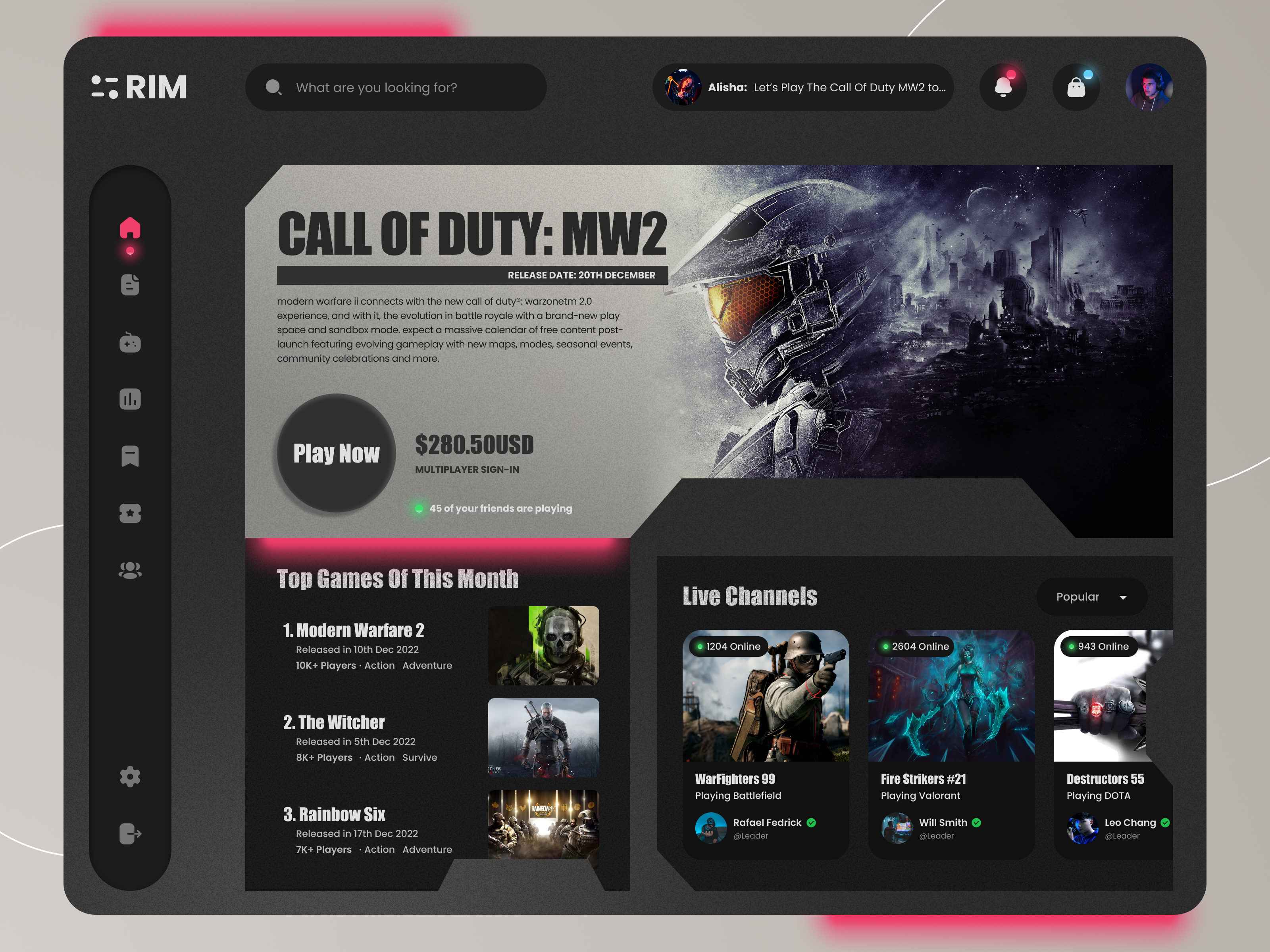 Example of Game Dashboard Modern AI Web app design