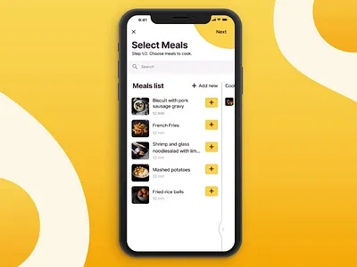 Neighbor cooking app: configuration of the cooking list add animation app cooking design food ios12 list mobile order order food preparation react native service settings ui user flow ux wizzard yellow