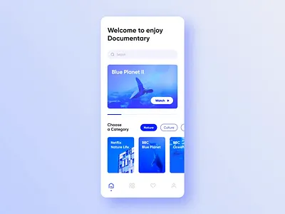 Documentary play pages animation animation app application blue card clean design documentary graphics homepage interface mobile movie play sketch typography ui ux video white