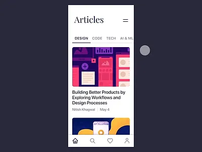 Blog App Design - Tab Bar and Toolbar in Action - Interaction animation app ui blog blog app blog app design blog article bottom navigation cards ui interaction design invision invision studio ios mobile app mobile app design product design tabbar toolbar ui animation ui ux uikit