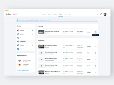 ReCars UI Kit - Dark Mode Transactions account automobile behance black car cards clean dark darkmode dashboard design form homepage profile sale shopping theme transactions uikit website
