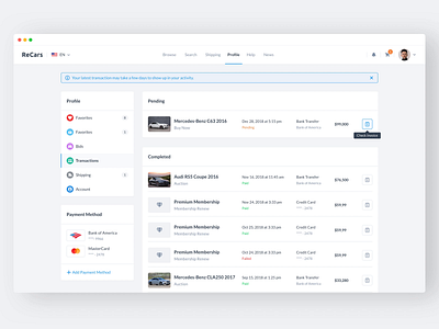 ReCars UI Kit - Dark Mode Transactions account automobile behance black car cards clean dark darkmode dashboard design form homepage profile sale shopping theme transactions uikit website
