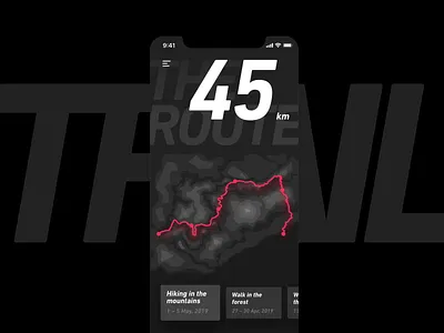 Trail activity animation app clean dark design distance expedition forest hiking interaction map mobile mountain route sport trail travel ui ux