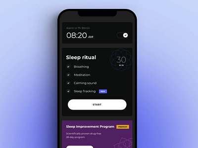 Sleep Booster: Main screen animation app clean dark dark mode dark ui design motion typography ui