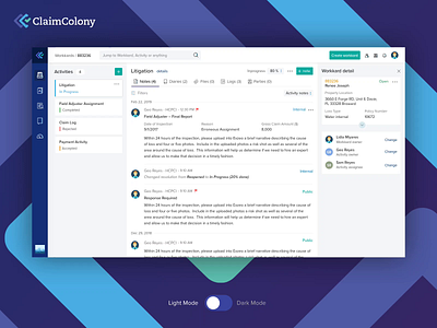 Exzeo ClaimColony Light/Dark theme UI. application art branding claimcolony cleanui darktheme design grpahics insurance app interaction interfacedesign lighttheme mobileapp theme ui uidesign uiux ux uxdesign webapp