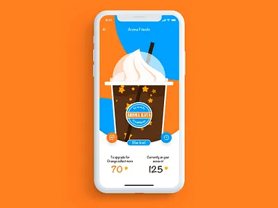 Loyalty program animation app blue bonus brand coffee cup discount orange stars ui