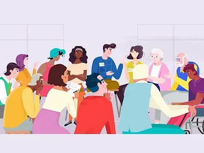 RoboMG - ZonMw 08 animation character character design cooperation discussion elderly health healthcare illustrationloop management meeting motion motion design paralax people robomg roundup together vector working