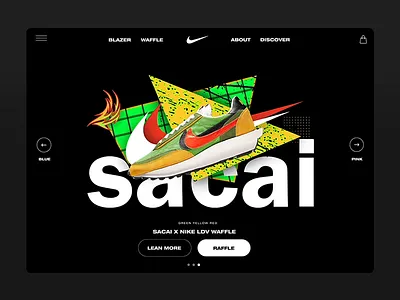Nike x Sacai - Landing page slider animation 80s ae after effect animation brutalism brutalist fashion landing motion nike retro shop slider sneaker texture ui ux webdesign webshop website