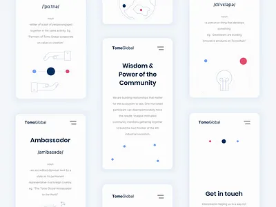 TomoGlobal Mobile Screens abstract illustration animation blockchain website content delivery grid layout light interface minimal clean design mobile website particles platform design ui ux