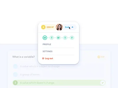 Gamification Profile Menu - Stairway Learning account days dropdown gamification item leaderboard logout menu nav navigation popover profile score top bar topbar video