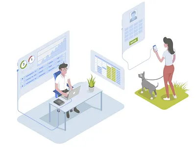 Booking Times animation character desk dog flat illustration interface isometric json laptop lottie man ui woman