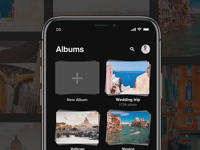Collecting Photos Concept animation animations app app design application cards concept dark ui design interaction interface ios ios app design iphone mobile mobile app photo product sound travel