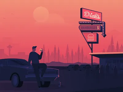 Seattle Summers burger car diner fast food graphic hamburger illustration illustrator motion pnw seattle summer sunset