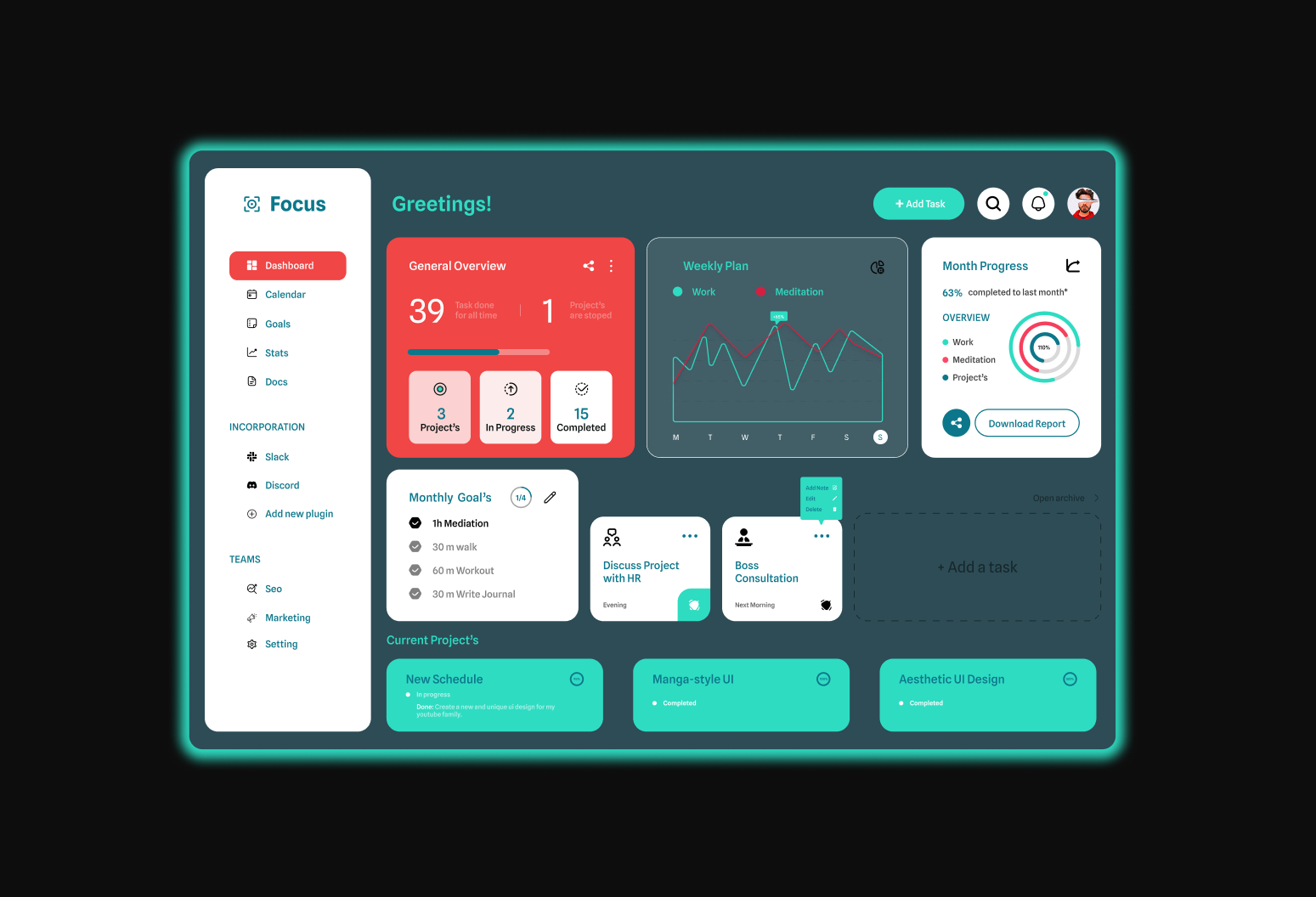 Focus 🧘 3d color theory dashboard data visualization figma goal tracker graphic design graphs minimal ui personal goals task management ui ux web app ui