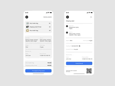 PUB Delivery details & shipping label app design blue button button design delivery app delivery details design ecommerce app ecommerce mobile history mobile app mobile ui qr code responsive design scan code shipping label ui ui design user experience user interface ux design